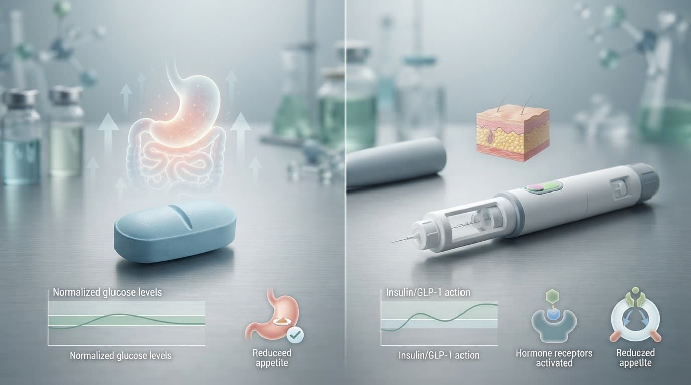 An oral semaglutide tablet and injection pen shown side by side in a clinical setting.