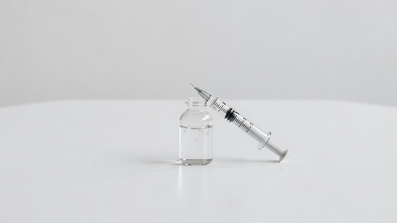 An oral syringe is used to draw liquid medicine from a glass vial on a white table.