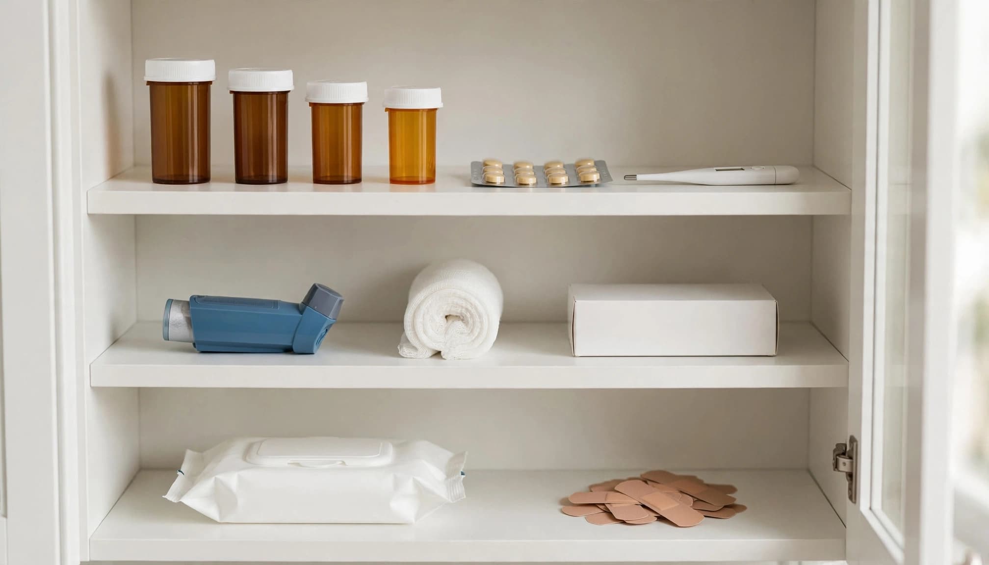 An open cabinet with medicines, a thermometer, and first-aid supplies arranged on shelves.