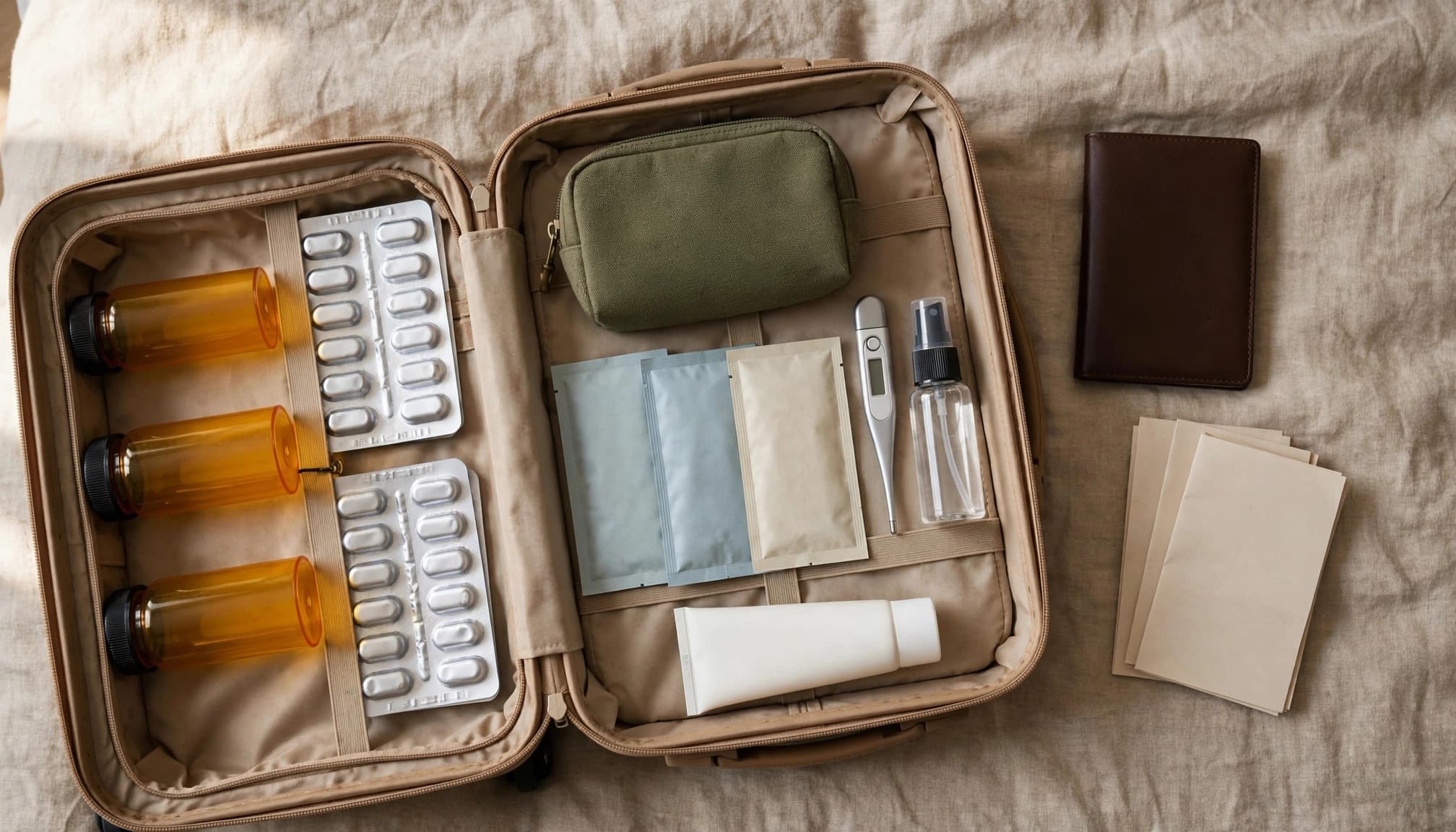Open suitcase packed with medications, first aid supplies, toiletries, and travel documents.