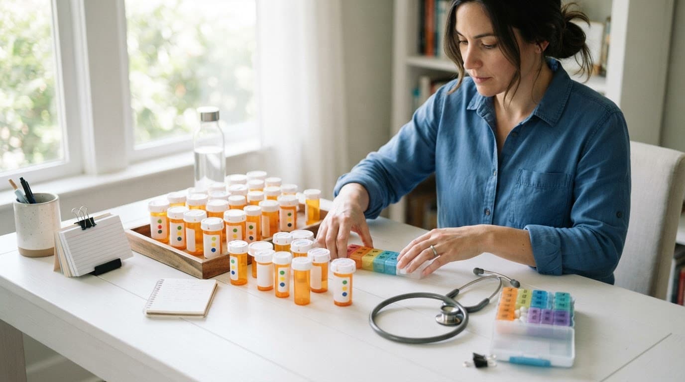 Medicine bottles and a stethoscope arranged on a white desk in soft window light.