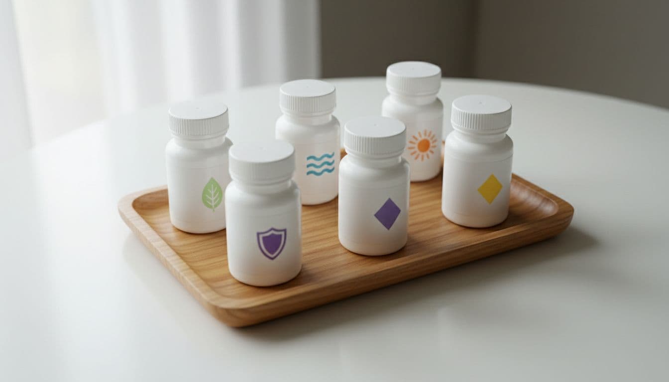 Organized wooden tray on a clean table holding five small pill bottles arranged neatly for nausea relief, pain control, infection prevention, stomach protection, and steroid medications, captured in soft natural daylight with photorealistic close-up composition.