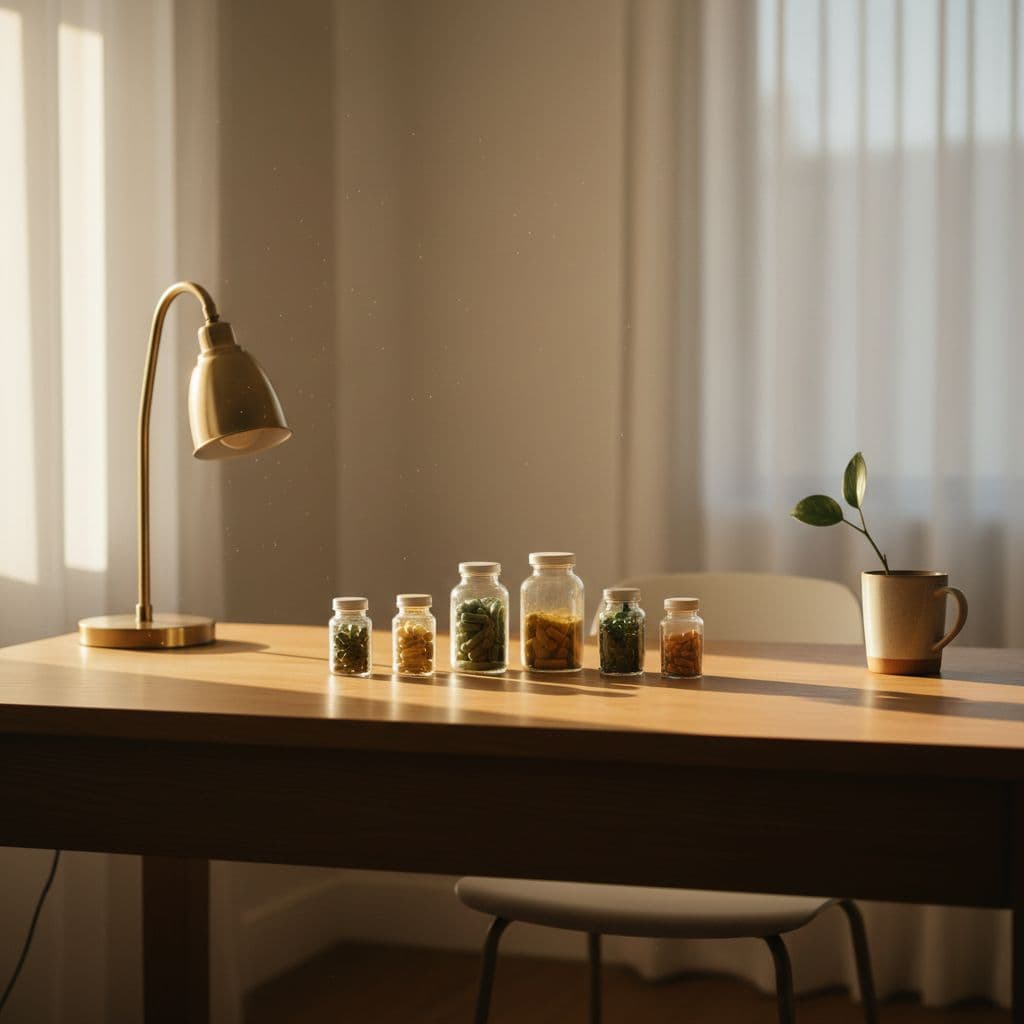 Wooden desk holds organized bottles of vitamins and supplements in morning sunlight.