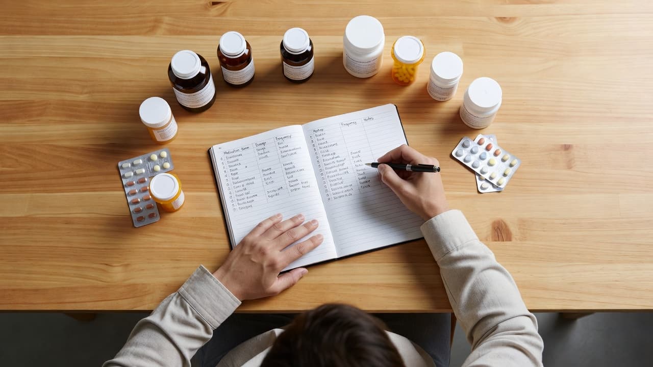 A person organizes medicine bottles while writing notes on a document at a wooden desk.