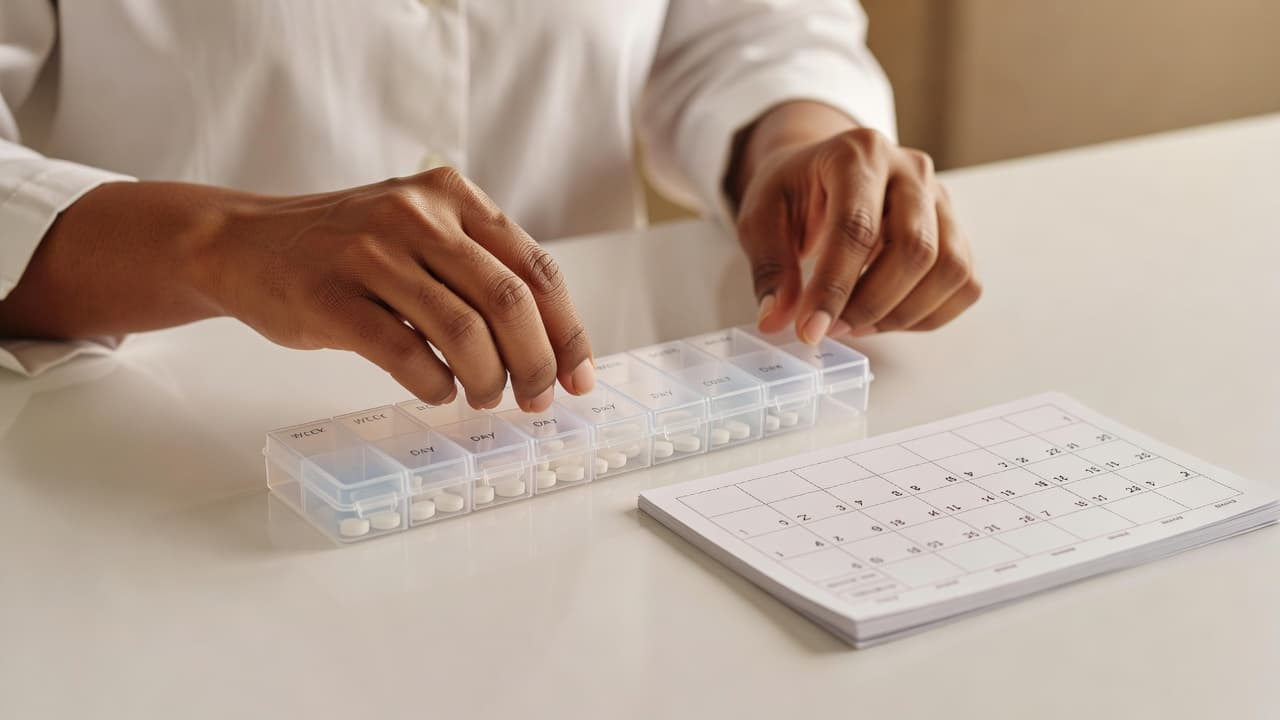 An adult carefully places tablets into a transparent weekly pill organizer on a brightly lit surface. A paper calendar rests nearby to help the individual maintain a consistent health routine.