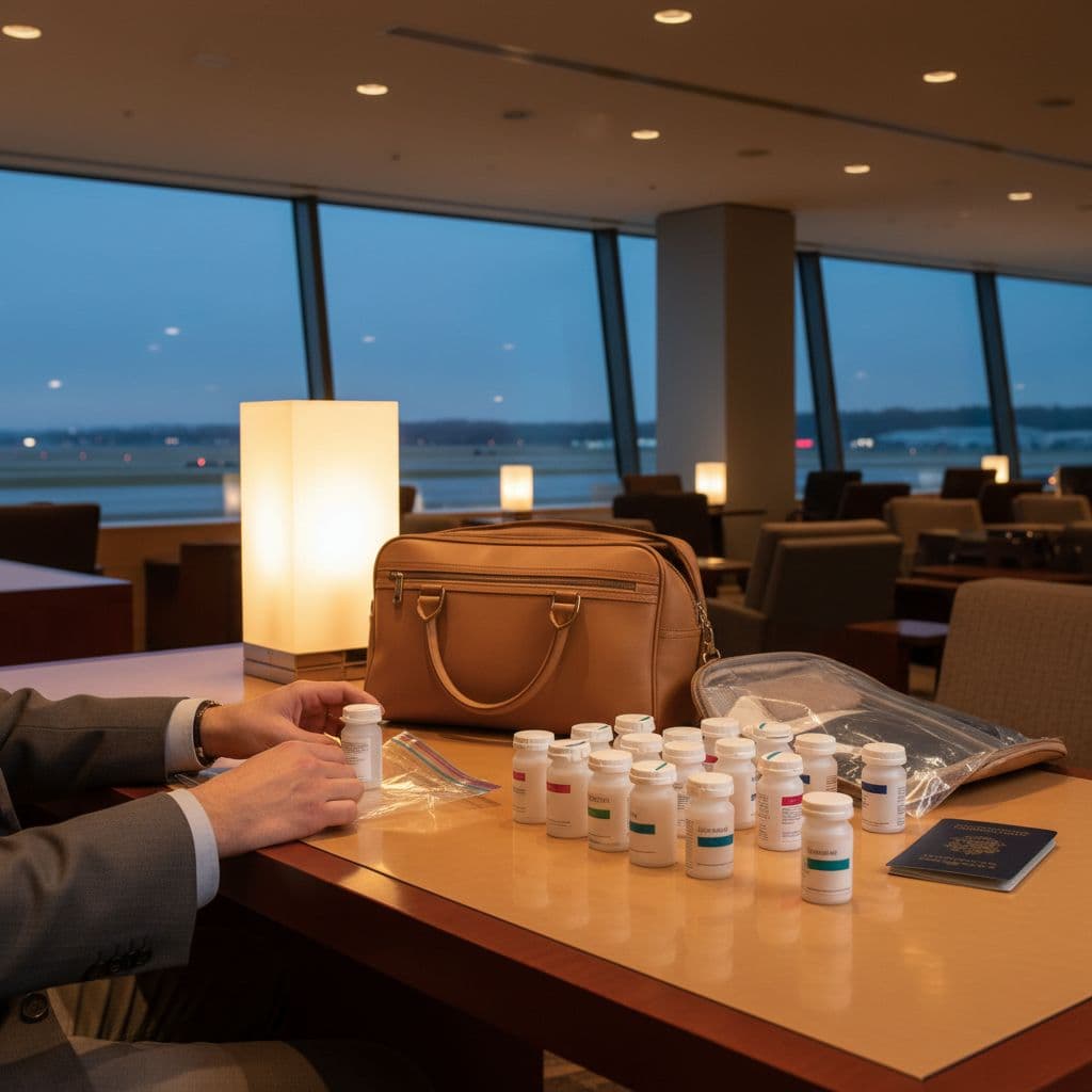 Prescription pill bottles sit beside an open travel bag under soft airport lighting.