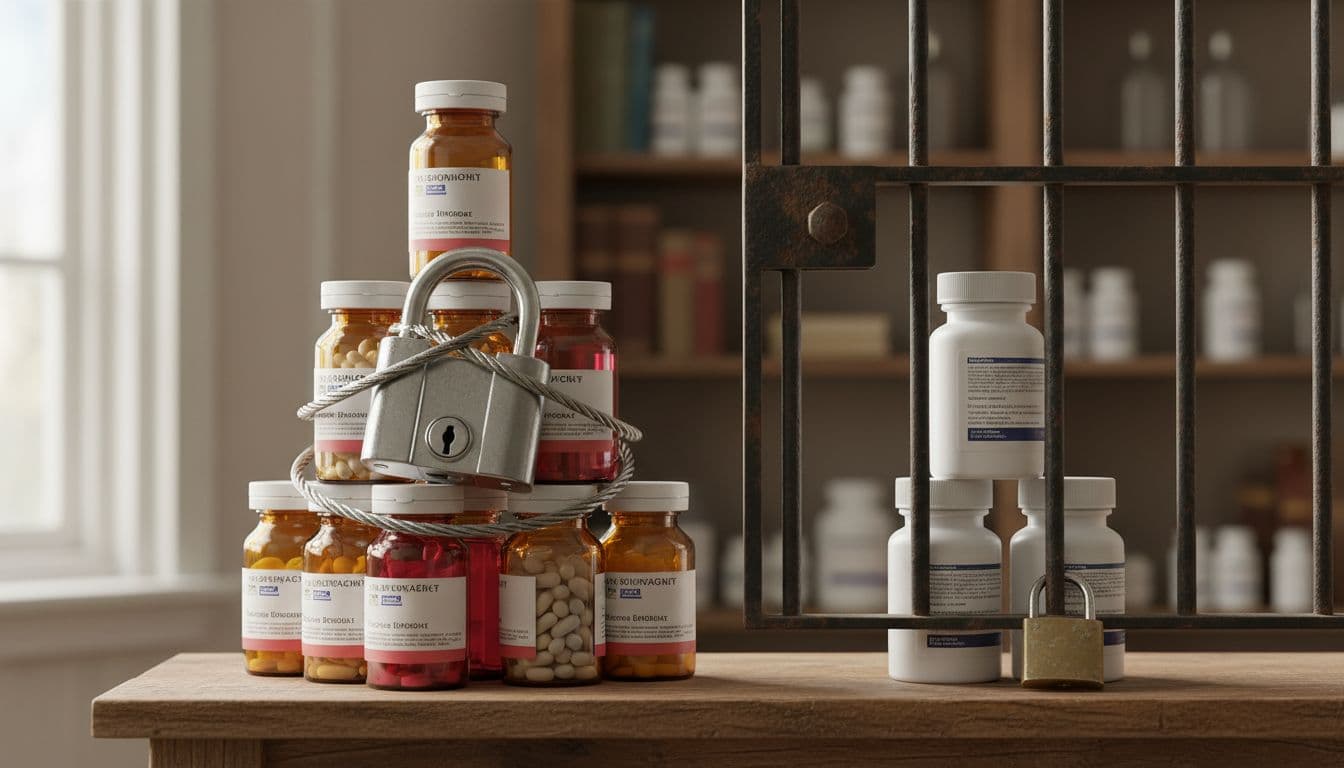 A padlock secures a stack of premium brand-name prescription pill bottles for oncology treatments like blood cancer drugs on a wooden pharmacy shelf, with generic pill bottles locked outside a nearby metal gate. Realistic product photography with soft natural light, no text, logos, people, or extra stacks.