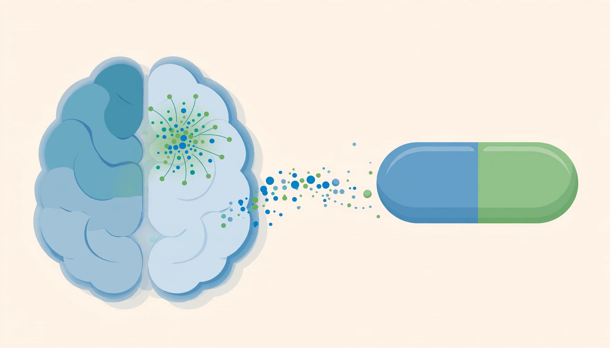 An illustration of a stylized brain next to a capsule pill with particles flowing between them.