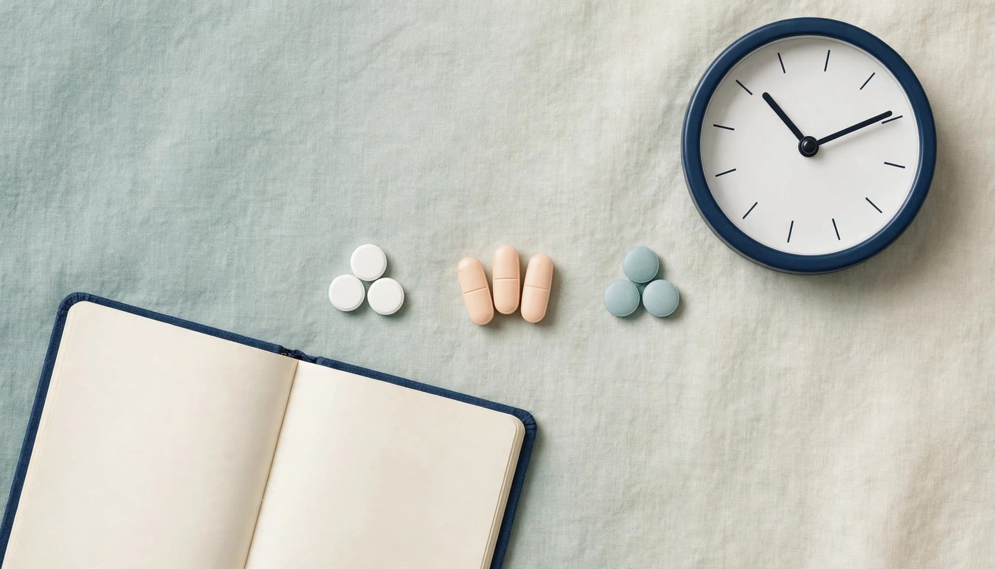 An overhead still life of an open blank notebook, groups of pills, and a round wall clock on a fabric surface.