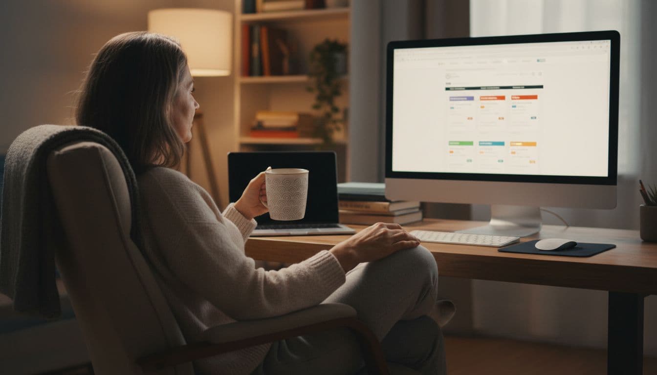 A relaxed patient at a home computer screen compares pharmacy prices for medication in a cozy office setting with warm lighting and a coffee mug nearby.