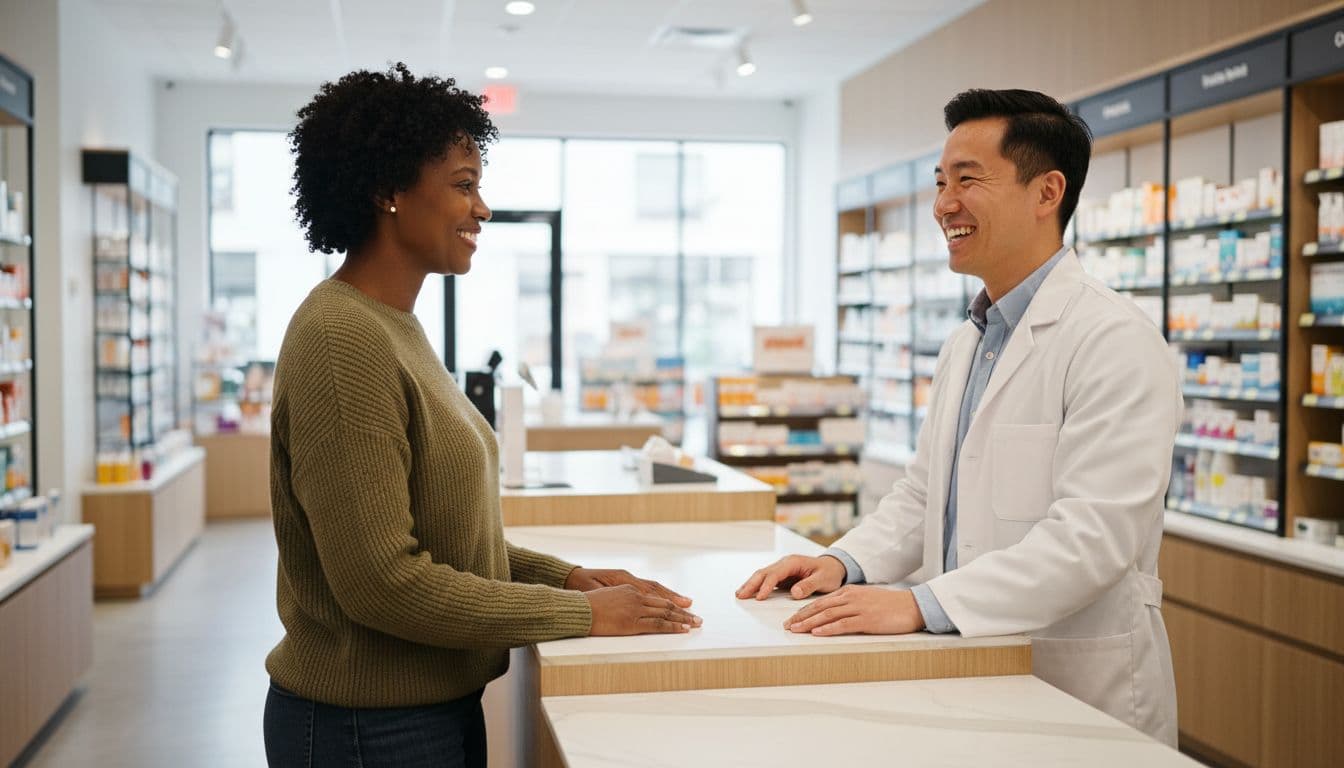Middle-aged diverse patient in casual clothes stands relaxedly at a modern pharmacy counter, smiling and speaking with a friendly pharmacist in white coat, hands on counter, bright store lighting, photorealistic side-angle view illustrating consultation on lower medication prices.