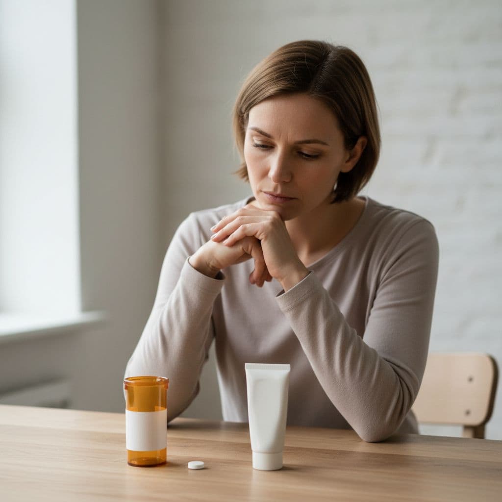 A person sits at a wooden table examining an open prescription bottle, a single pill, and a tube of cream. The bright room highlights their thoughtful expression during this health decision.