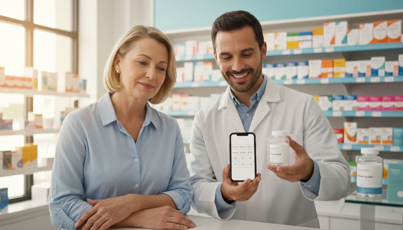 Middle-aged patient holding smartphone with price comparison chart discusses options with friendly pharmacist pointing to generic pill bottle at clean pharmacy counter.