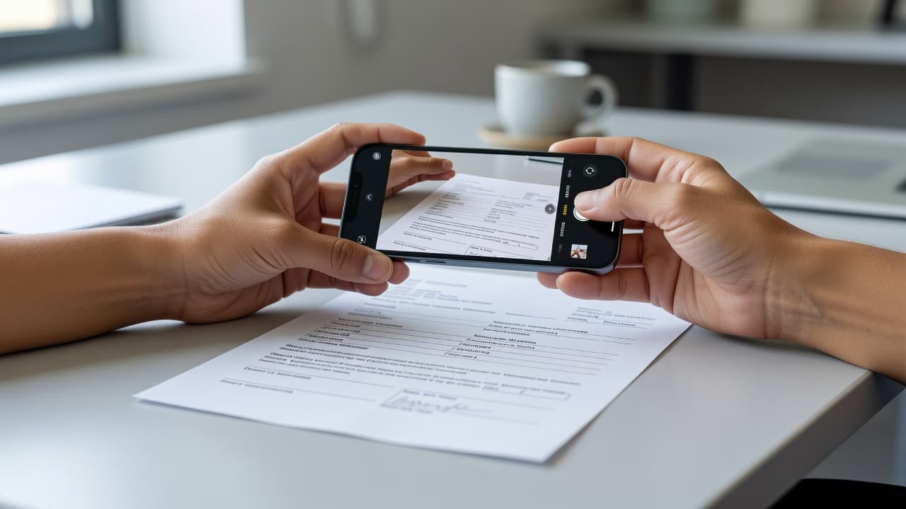 A person uses a smartphone to capture a sharp image of a medical prescription resting on a clean desk. Soft sunlight illuminates the document, ensuring all details are legible for upload.