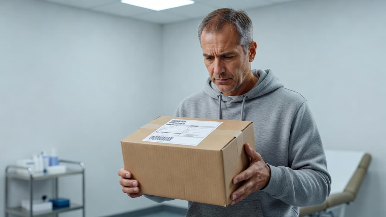 A worried individual stands in a clinical setting while holding a brown cardboard prescription box. They scrutinize the shipping label on the package, searching for information regarding a delivery error.