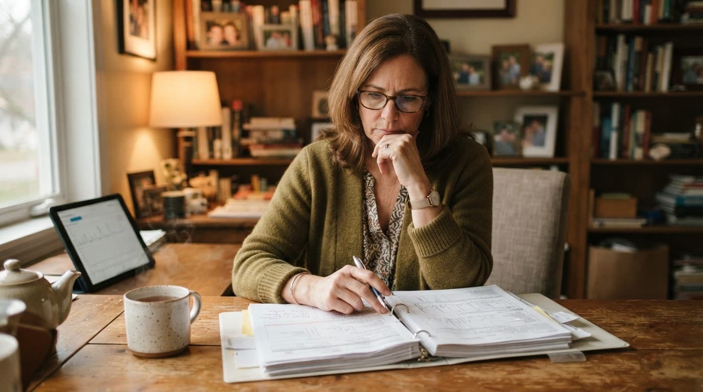An adult reviewing medical charts at a wooden desk with a warm cup of tea.