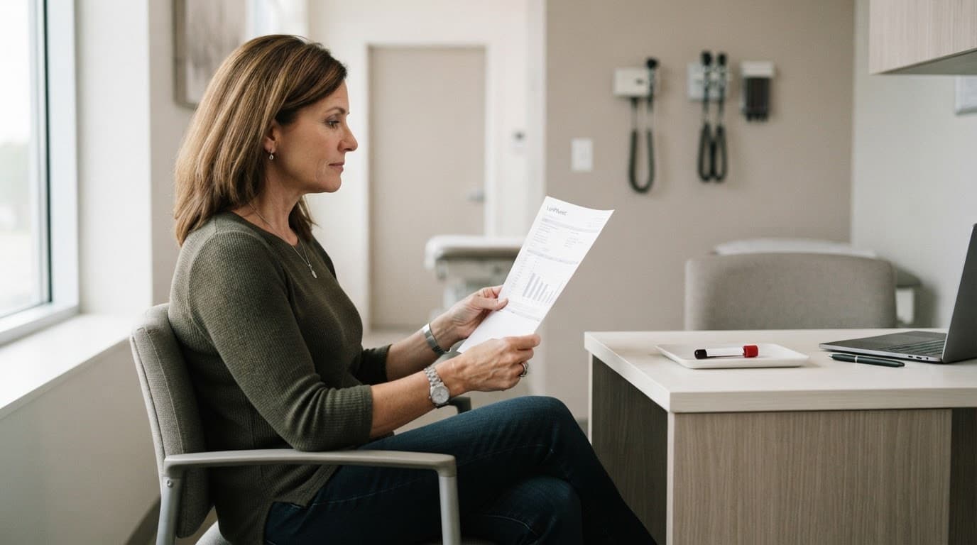 A patient reviews a lipid panel beside a blood sample tube in a bright exam room.
