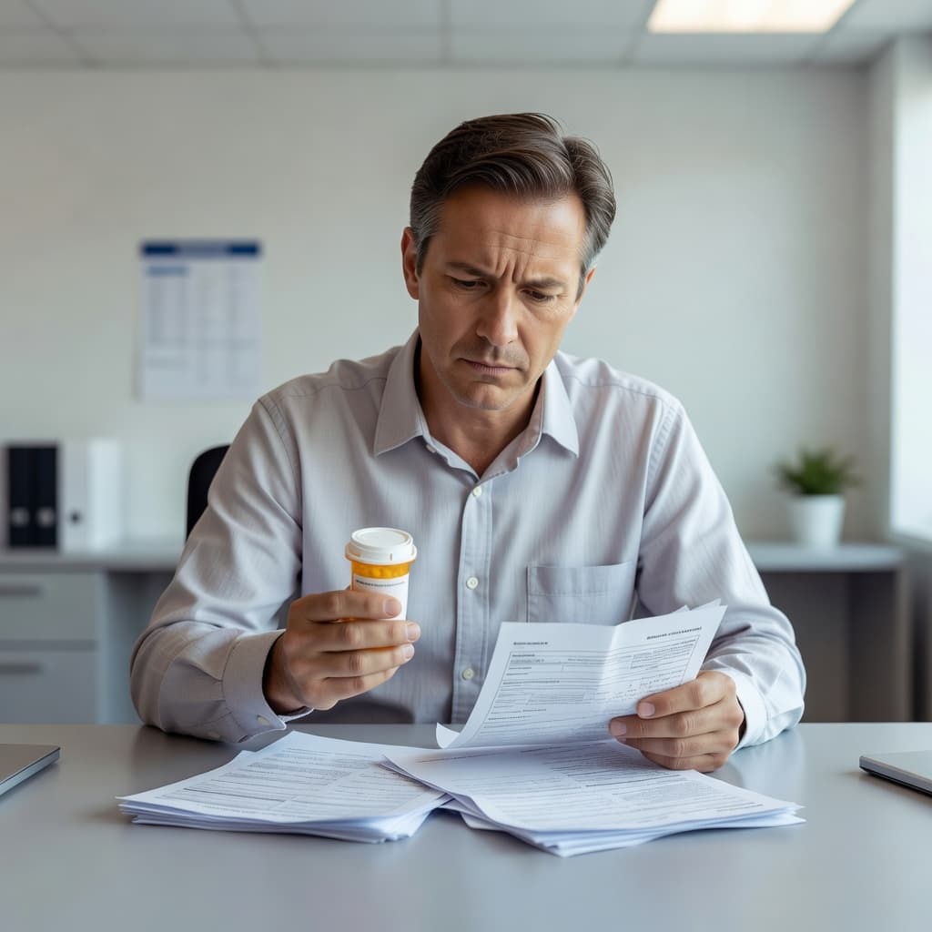 A person sits at a desk with a concerned expression, examining an orange pill bottle alongside scattered insurance documents. Soft lighting illuminates the clean, professional medical office setting during this analysis.