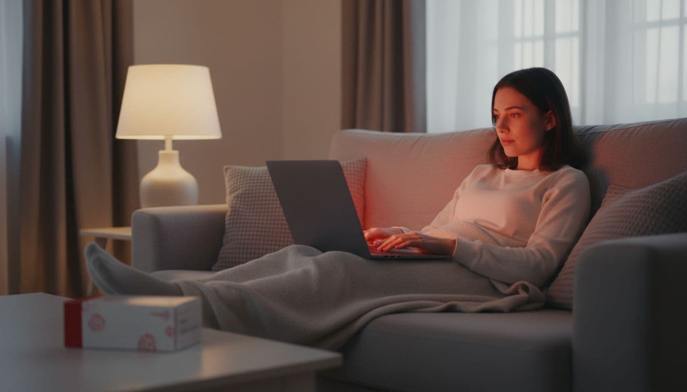 A relaxed patient in a comfortable living room reviews an online pharmacy order for cancer medicine on a laptop, with a nearby package under warm indoor lighting in realistic photo style.