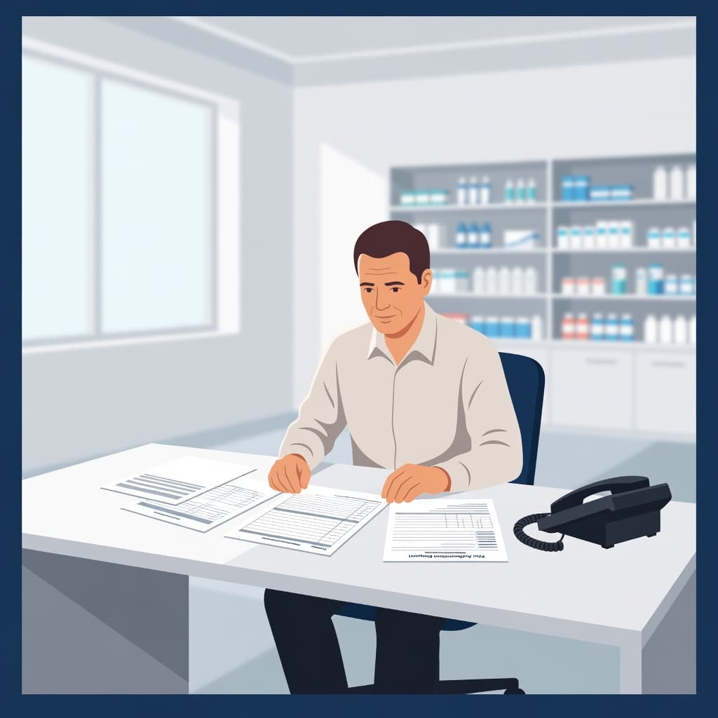 A focused individual sits at a clean medical desk reviewing clinical documentation and insurance forms. Bright light floods the office space, highlighting organized stacks of paperwork and professional healthcare equipment.