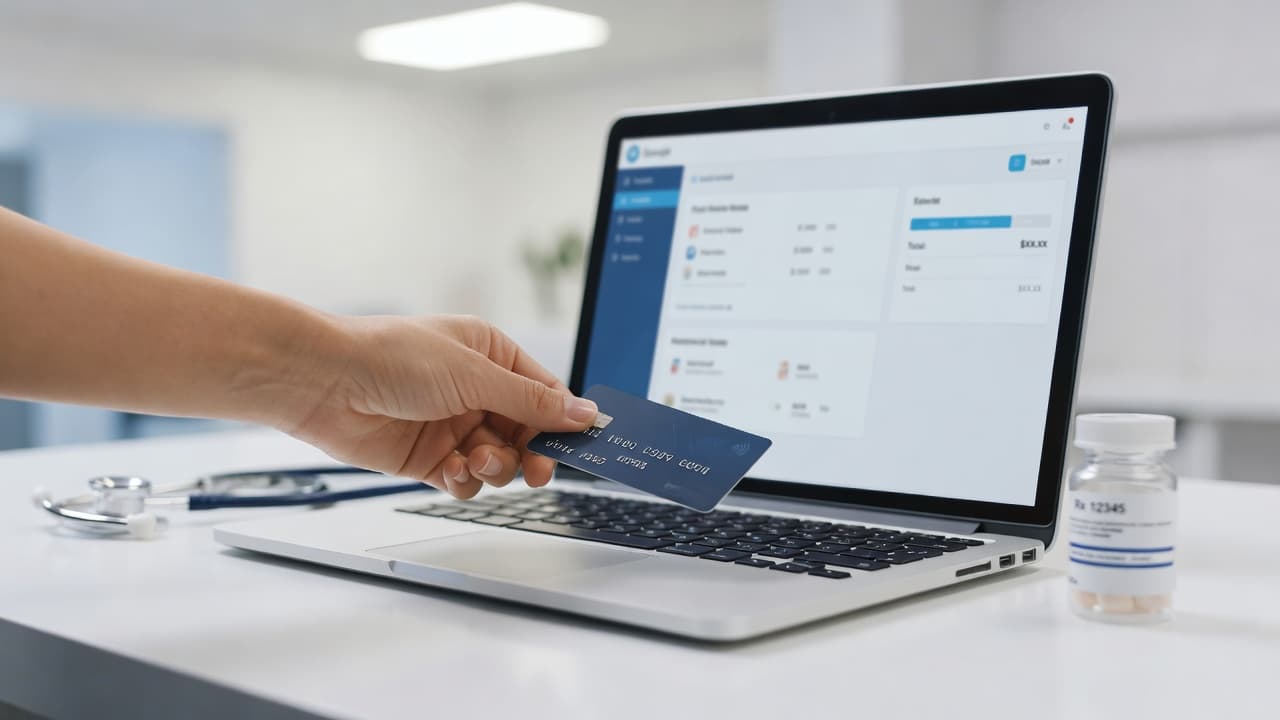 A close-up view captures a hand using a healthcare debit card to purchase medicine on a laptop. A stethoscope and pill bottle sit in the clean, professional office background.