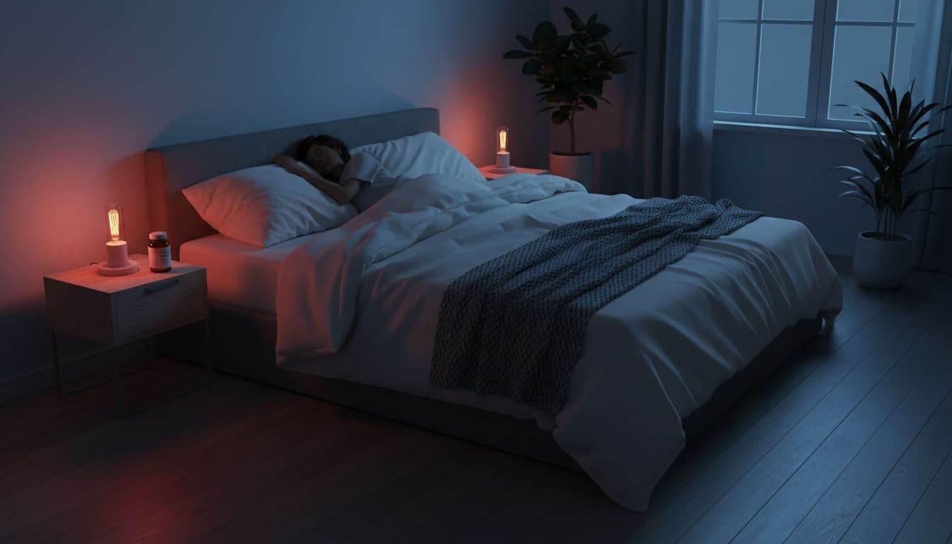 Serene nighttime bedroom interior with a person sleeping calmly in bed under dim blue moonlight filtering through the window, a simple nightstand holding a small supplement bottle, and a subtle warm red glow from the bedside lamp creating a cozy atmosphere.