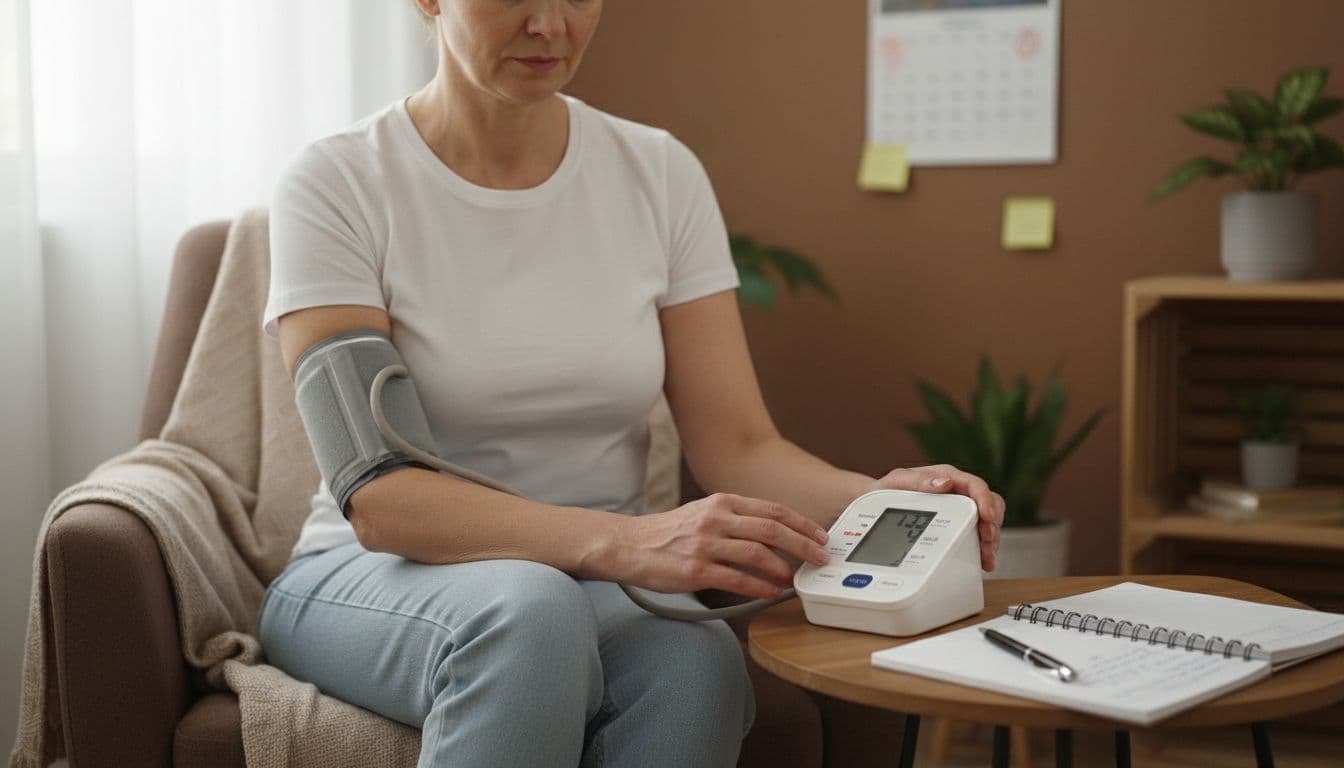 A middle-aged adult checks blood pressure using a digital arm monitor at home, with a notebook for notes and calendar in the background, in natural daylight realistic photo style.