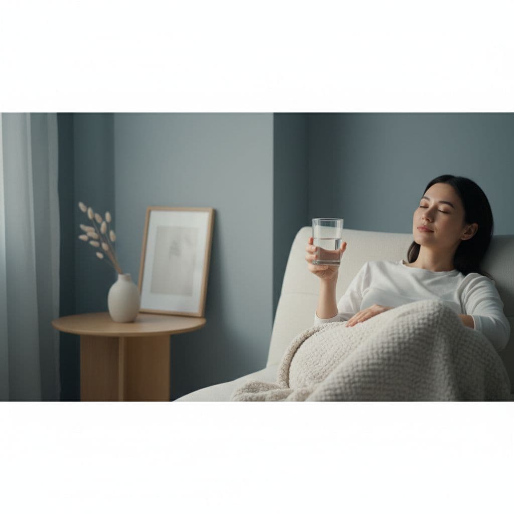 A person rests in a dimly lit, minimalist room while holding a glass of water.