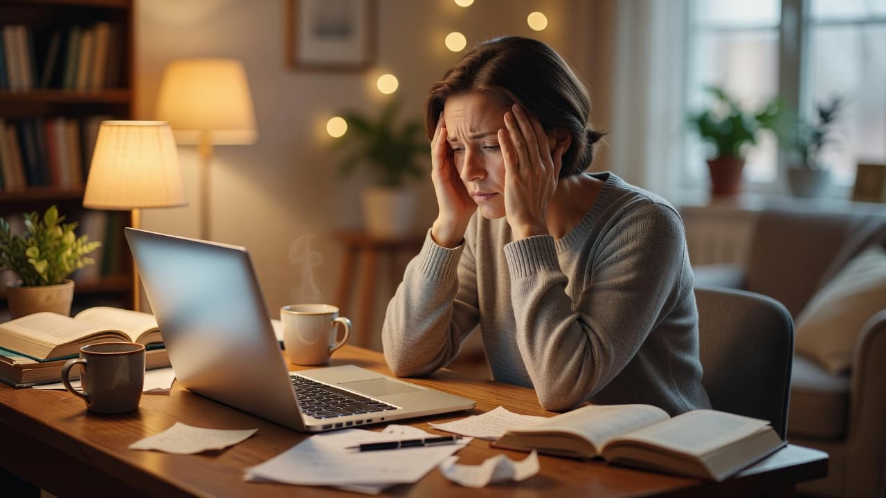 A person sits hunched over a desk with a laptop, pressing their fingertips to their temples in exhaustion. Soft indoor lighting highlights the stressed posture against a blurred, cozy home office backdrop.