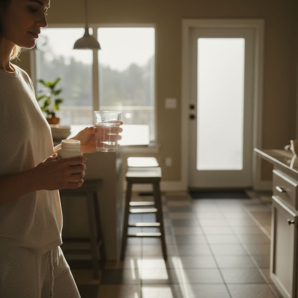 A person in a bright kitchen prepares to take antacid medicine with a glass of water.
