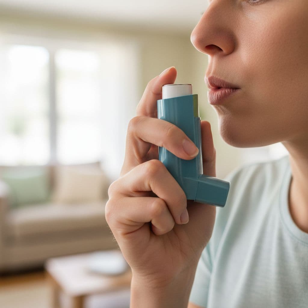 A close-up view shows a person holding a rescue inhaler near their mouth in a home setting.