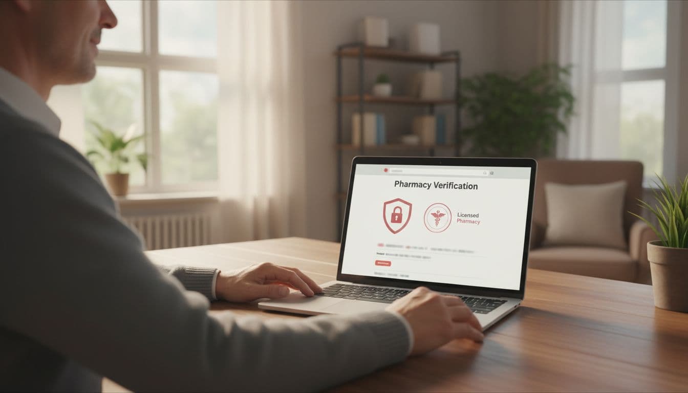 A middle-aged person sits relaxed at a home desk with a laptop open to a pharmacy verification page showing a secure lock icon and license badge, in a cozy room with natural daylight, realistic photo style.
