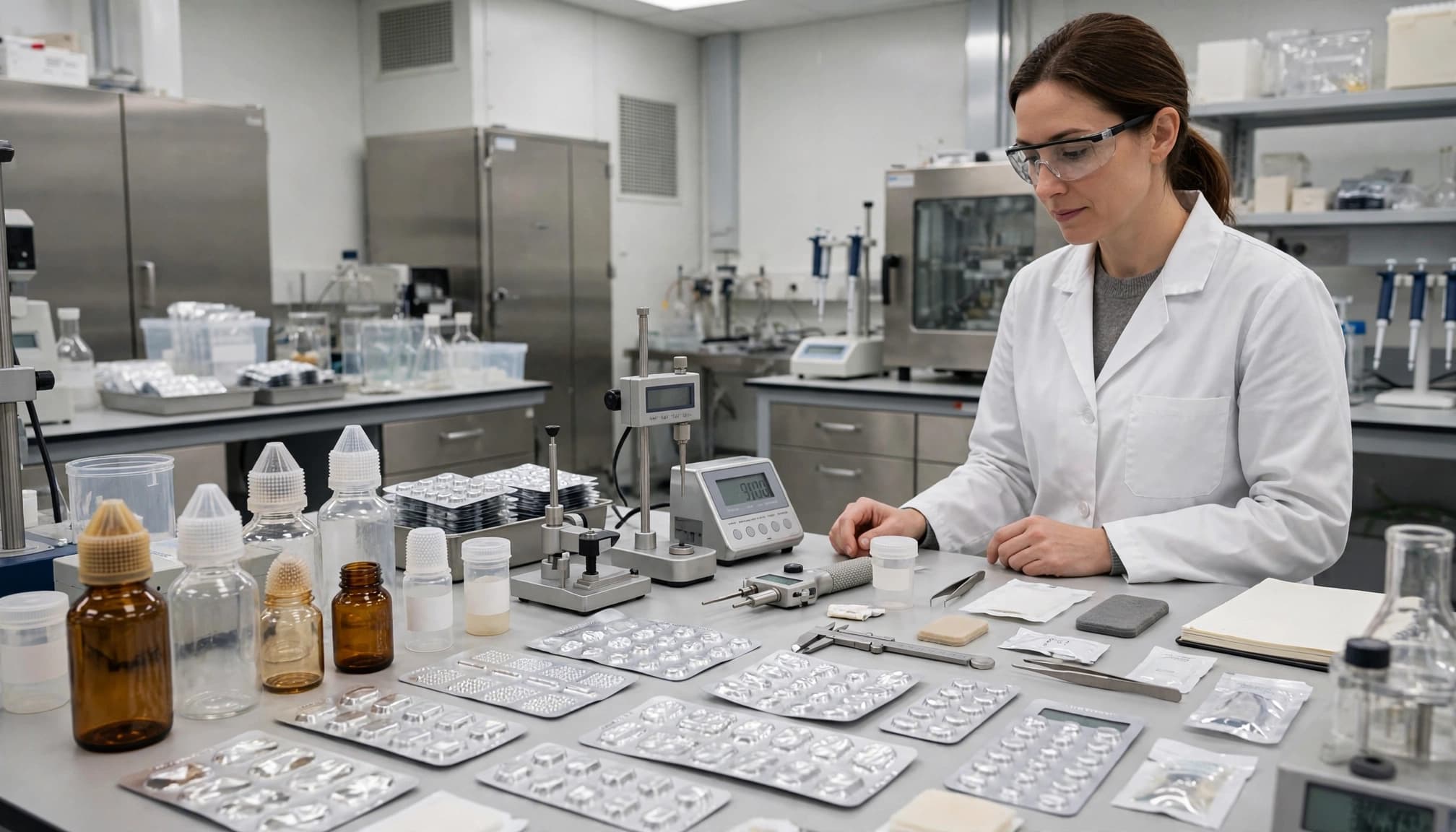 Pharmacist examining sample bottles and blister cards beside testing equipment in a bright laboratory.
