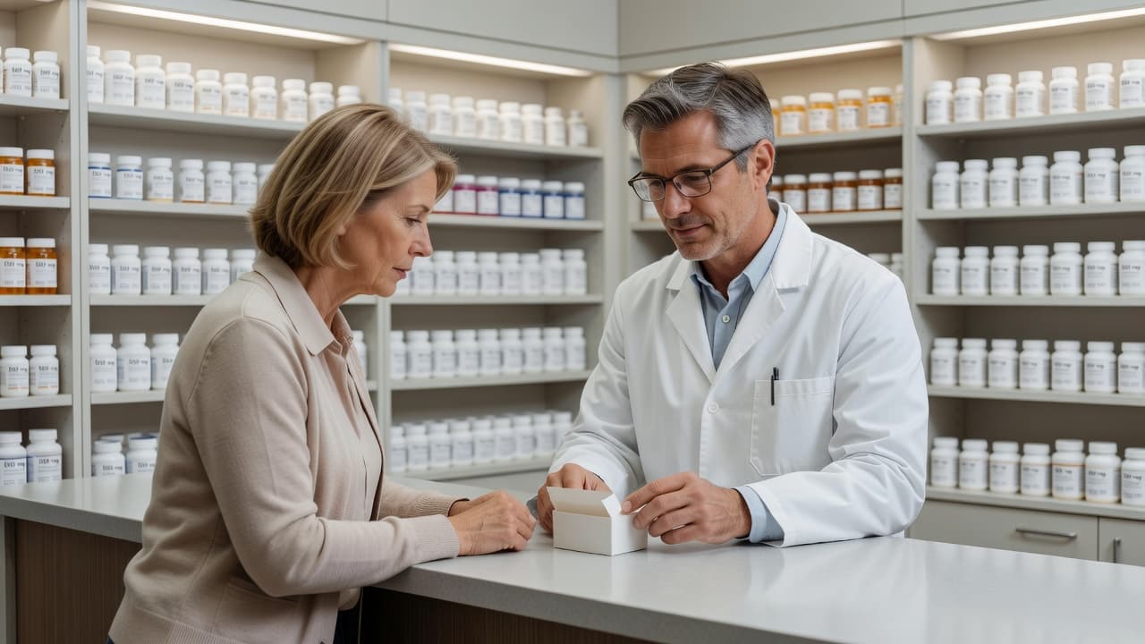 A professional pharmacist in a white coat stands behind a polished pharmacy counter, speaking kindly to a patient while rows of organized prescription medication bottles fill the bright shelves behind them.
