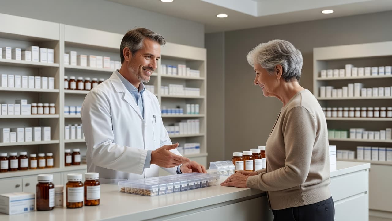A professional pharmacist stands behind a clean counter, interacting warmly with a patient. The workspace features organized pill organizers and amber prescription bottles arranged neatly under bright, soft clinical lighting.