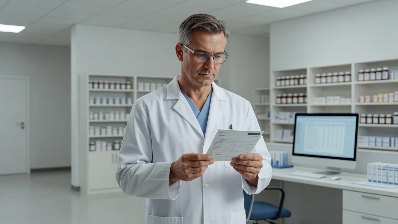 A healthcare professional in a clean clinical setting carefully holds a prescription label for inspection. The pharmacy environment uses a neutral color palette to convey reliability, expertise, and medical precision throughout.