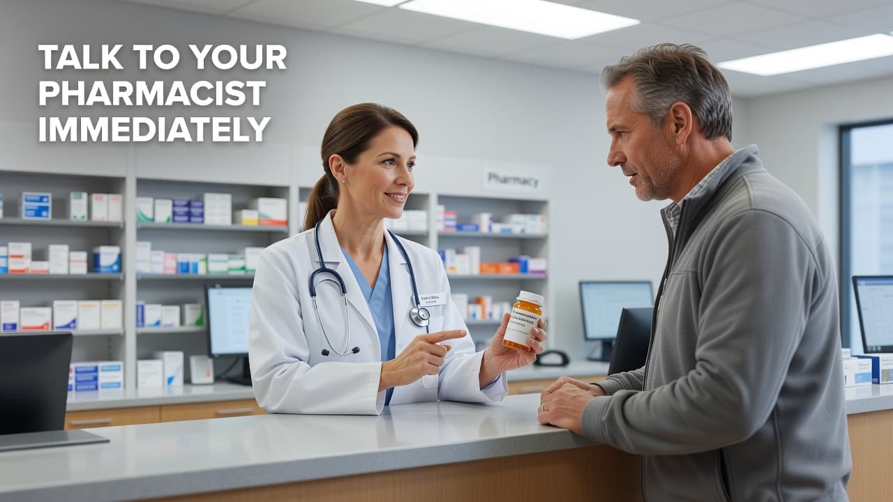 A professional pharmacist in a white coat stands behind a clinical counter, holding a medication bottle while speaking kindly to an adult patient. The bright room features organized pharmacy shelving.