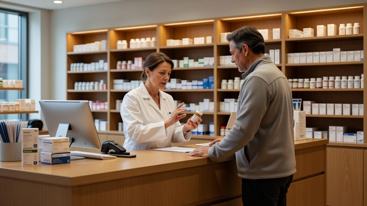 A pharmacist in a pristine white coat stands behind a sleek counter, leaning forward to offer guidance to a patient. Bright natural light illuminates the clean, modern interior space during the conversation.