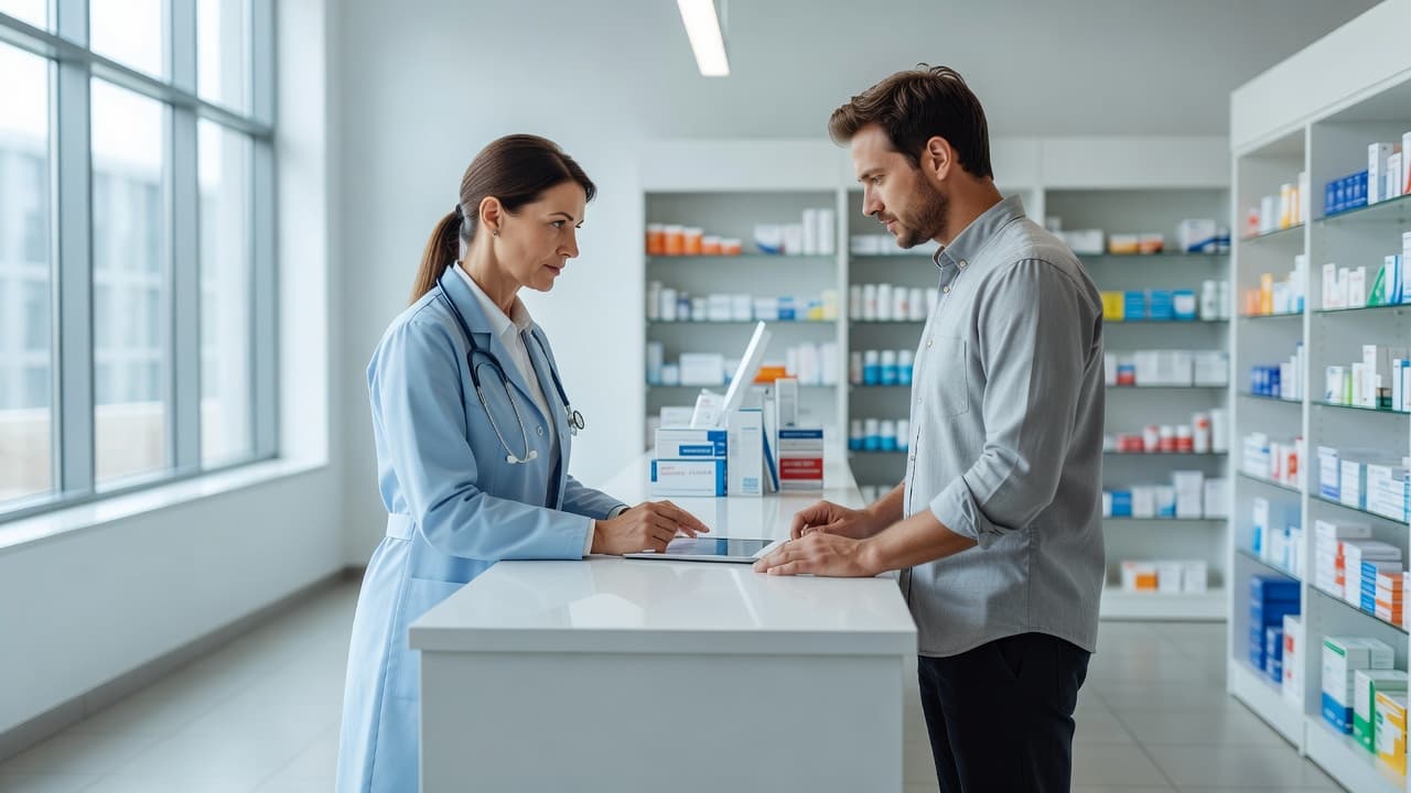 A pharmacist stands behind a clean, white service counter while speaking to a patient in a bright, modern pharmacy. Rows of neatly organized medication bottles are softly blurred in the background.