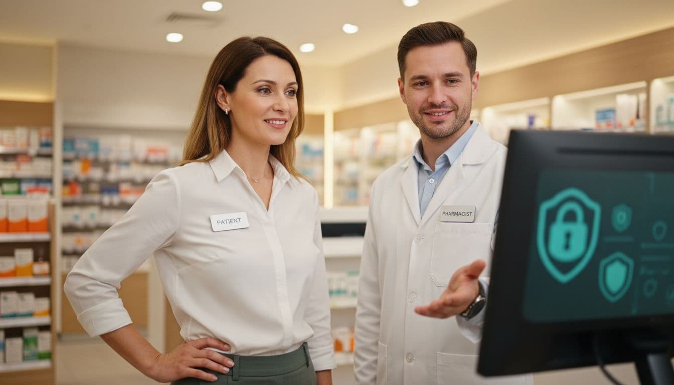 Pharmacist and customer consult over computer screen in modern pharmacy with secure icons in background.