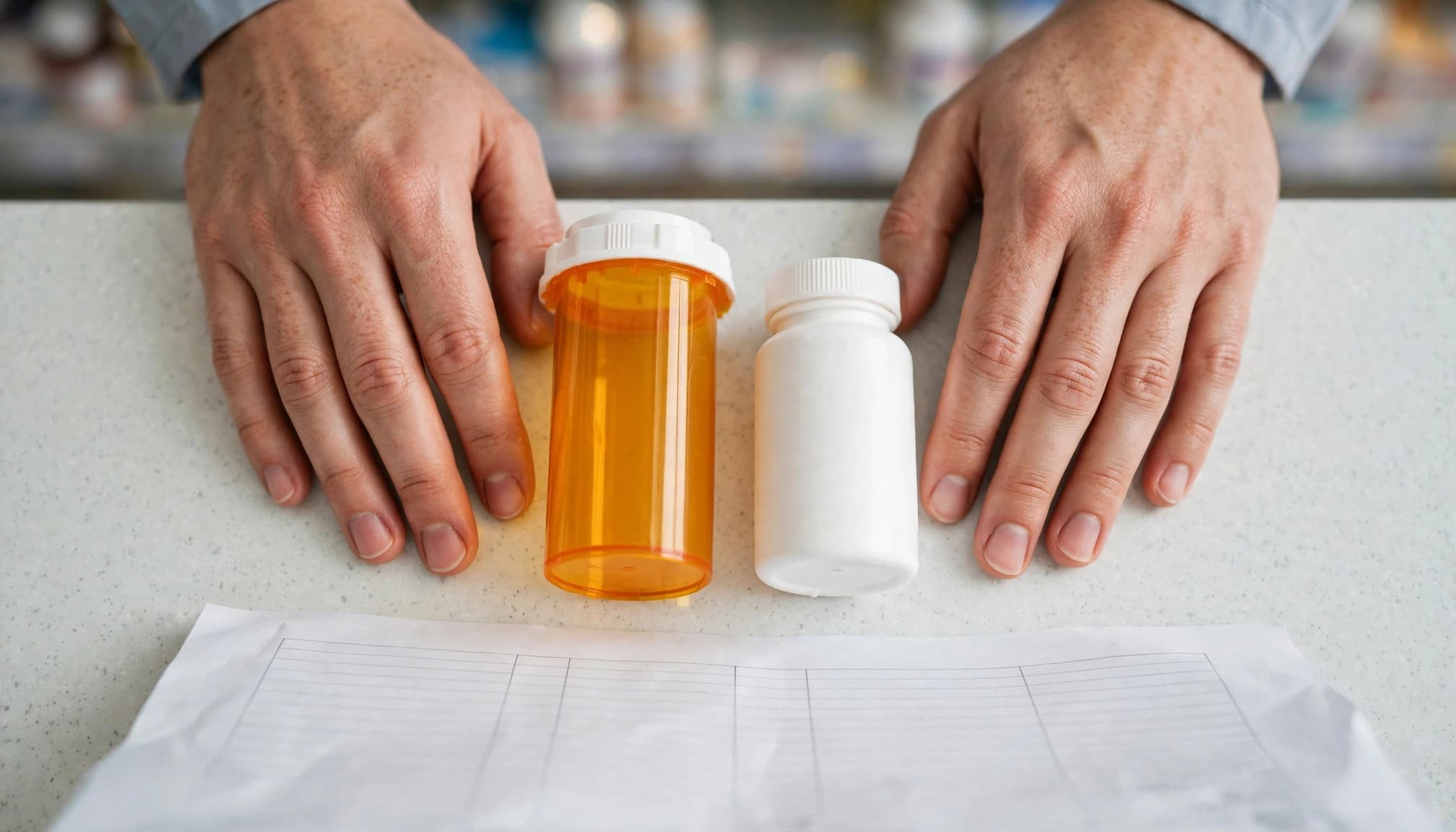 Hands compare two prescription bottles beside a blank medication list at a pharmacy counter.