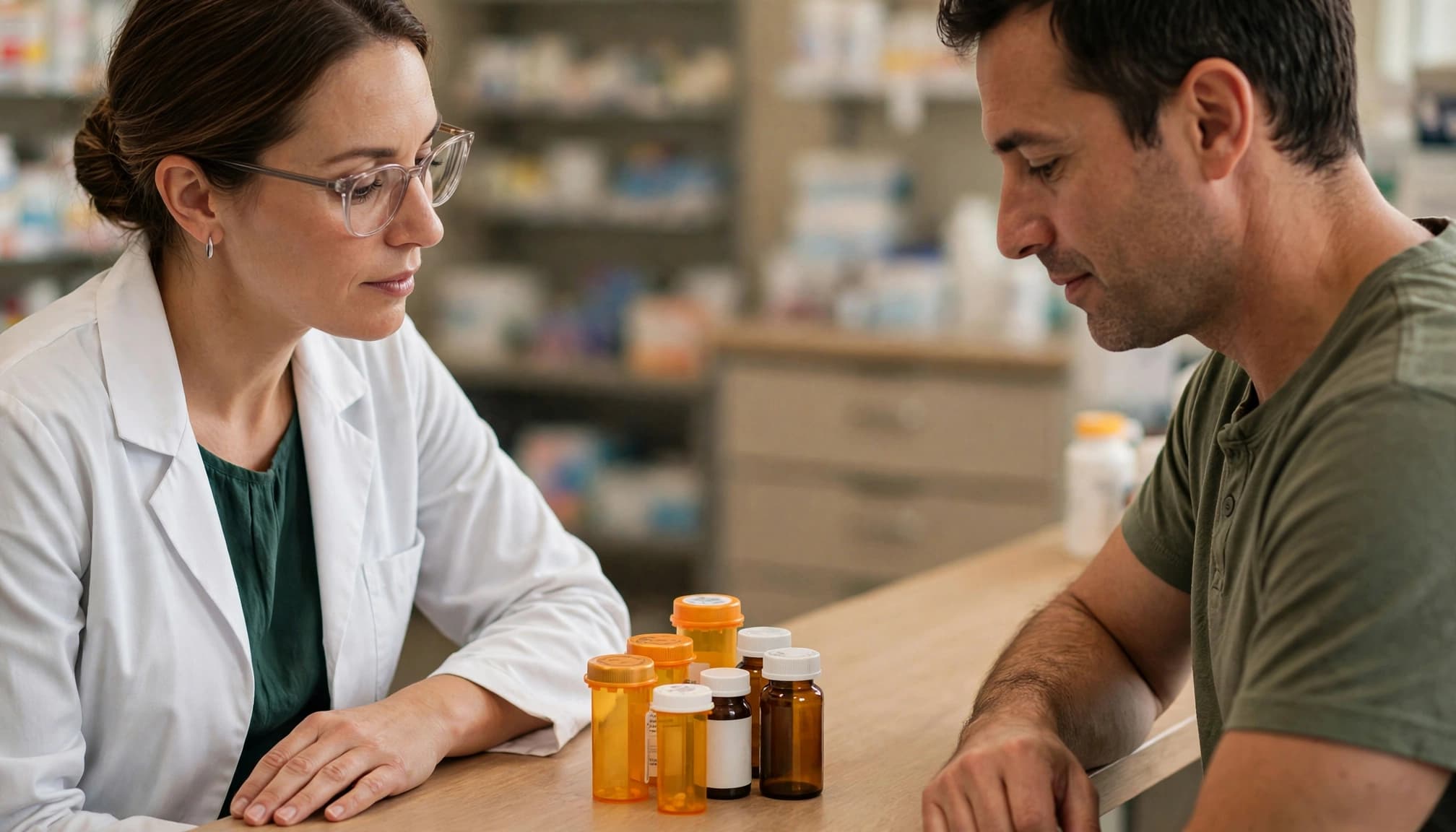 A pharmacist reviews medicine bottles and a dosing chart with a patient.