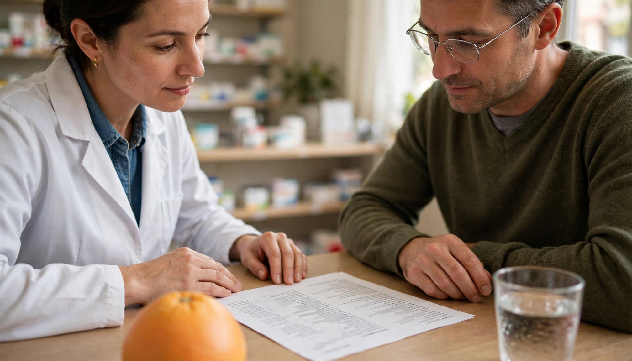A pharmacist and patient review a medication list beside a grapefruit and glass of water.