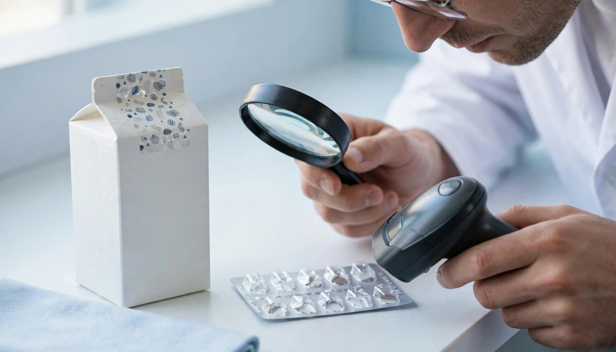 A pharmacist checks a sealed medicine carton and blister pack with inspection tools.