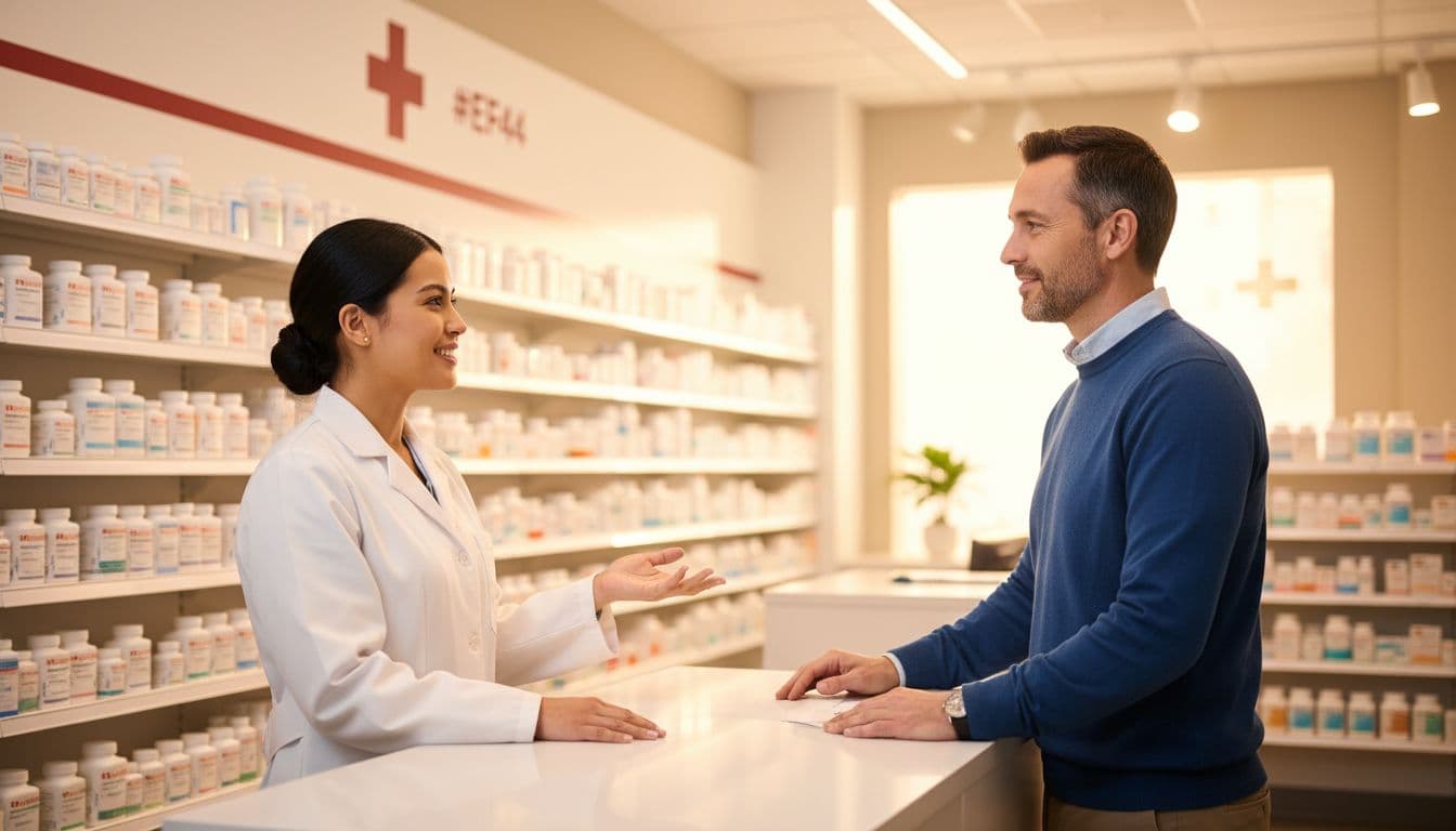 A friendly pharmacist consults with a patient at the pharmacy counter about affordable generic medication options, with shelves stocked in the background under warm, bright lighting.