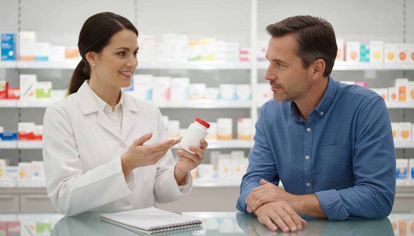 A pharmacist in a white coat consults with a patient at the pharmacy counter, holding a pill bottle and notepad in a friendly, professional setting with bright lighting.