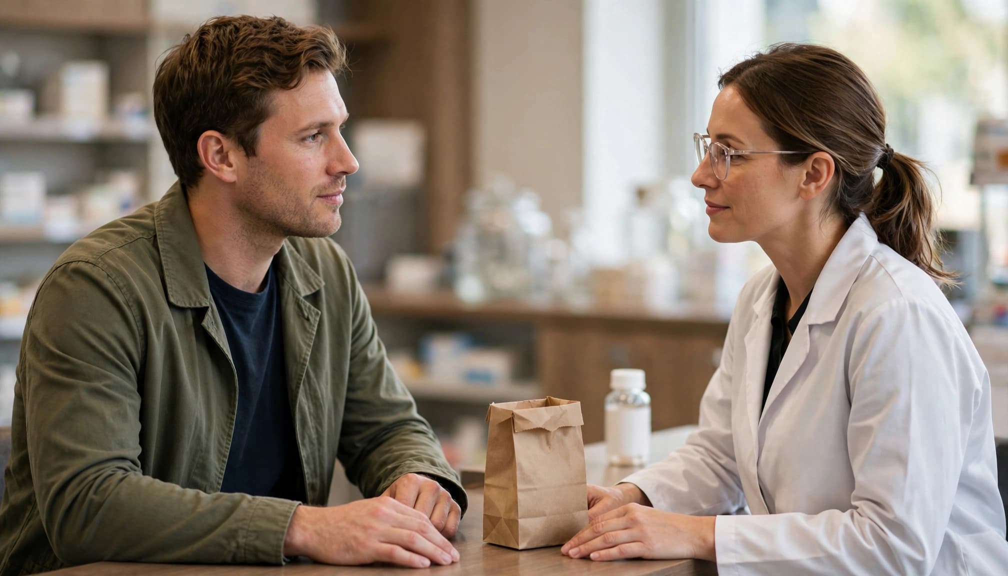 A patient and pharmacist talk at a counter with a paper bag and bottle nearby.