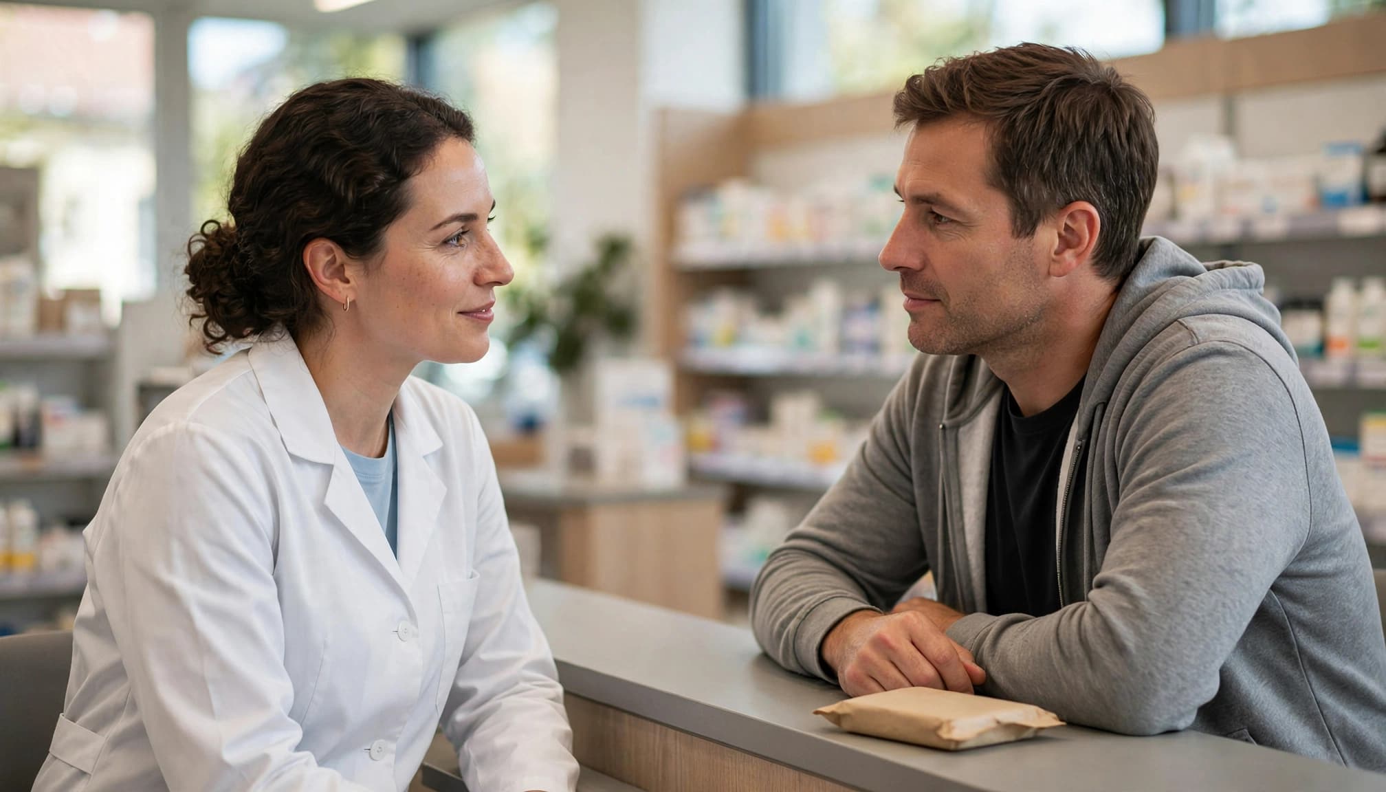 A pharmacist talks with a patient across a counter beside a sealed package.