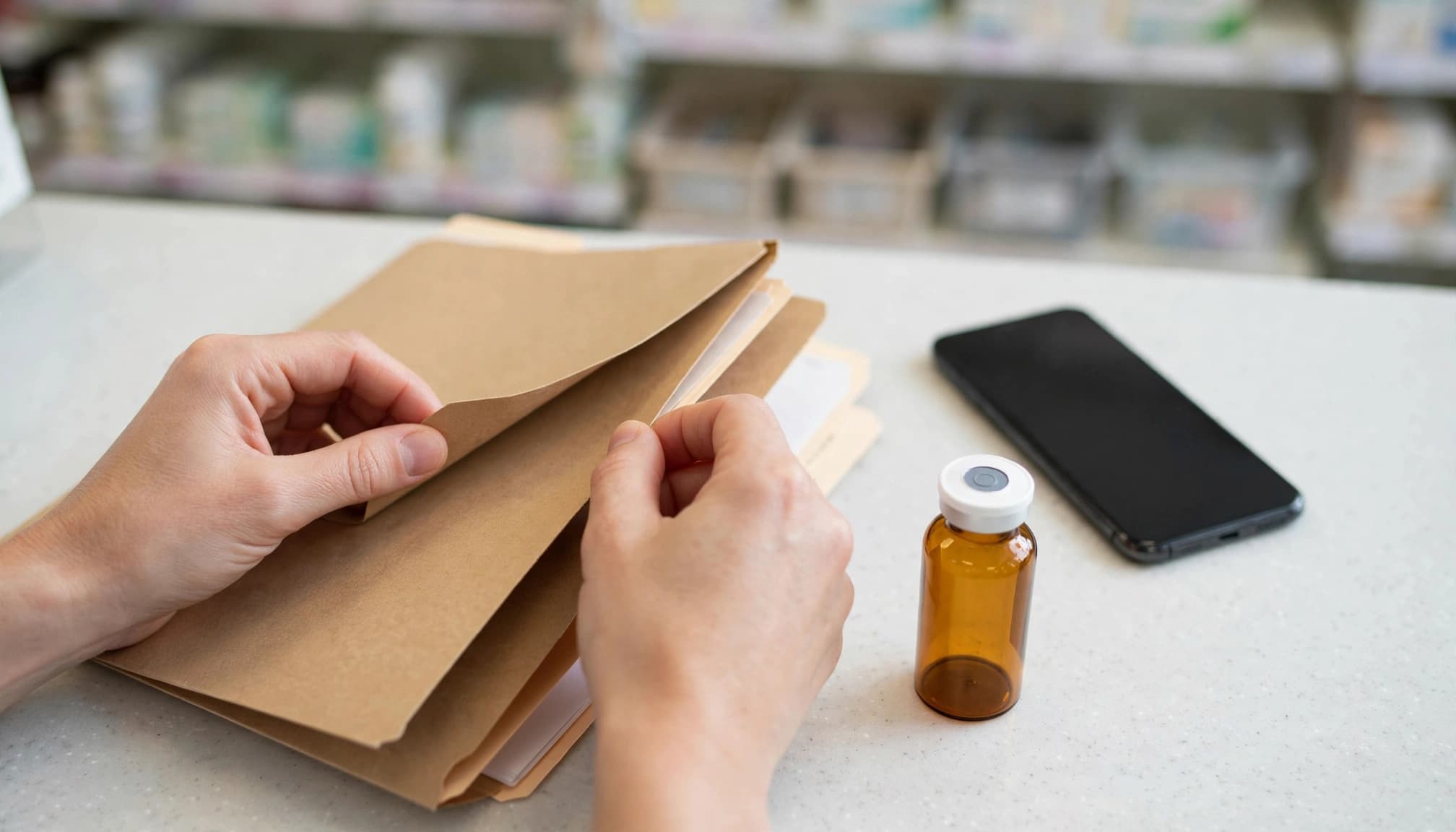 Two hands sort prescription papers beside an amber vial and phone.