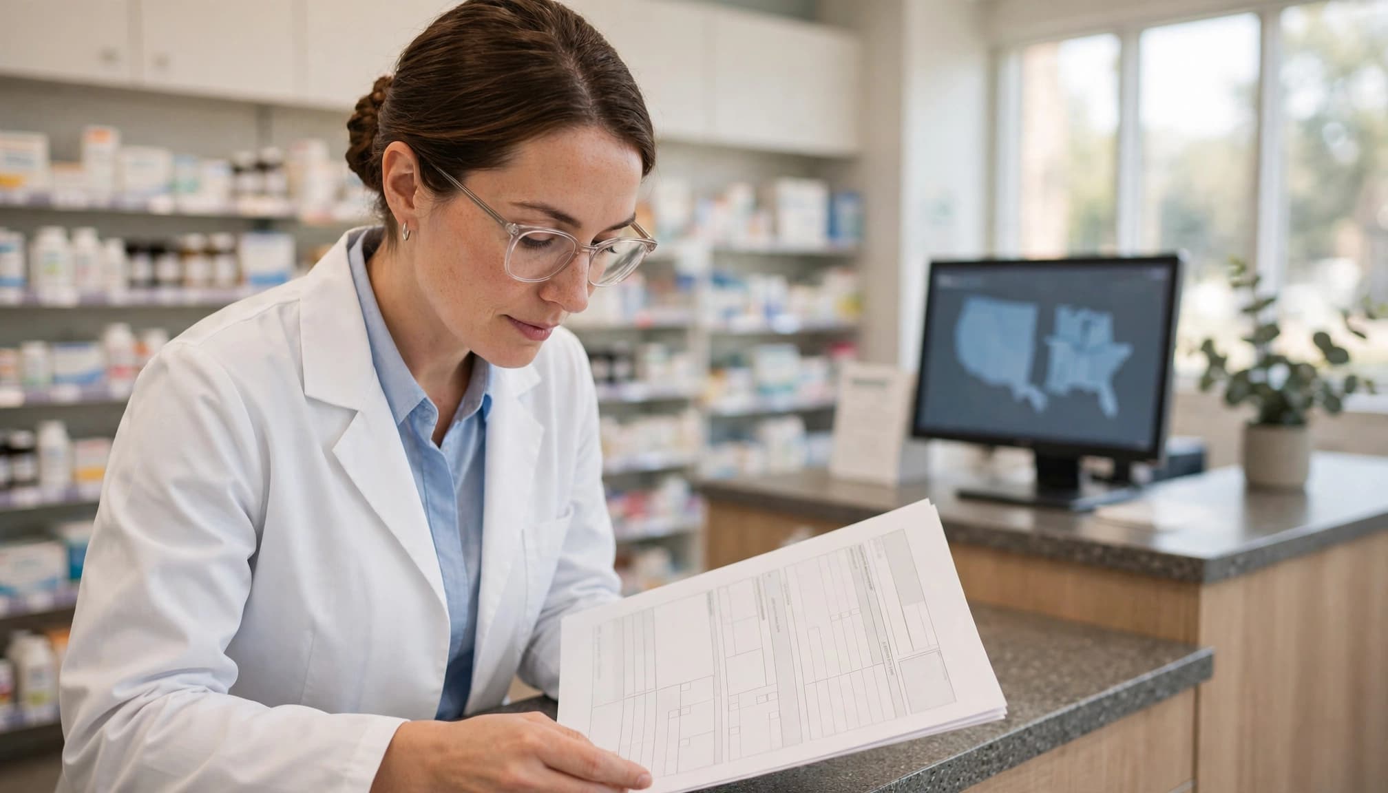 A pharmacist reviews a prescription document at a pharmacy counter with a map display behind them.